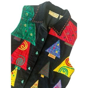 Carrie Allen Sweater Vest Womens Large Black Velvet Christmas Trees Vintage